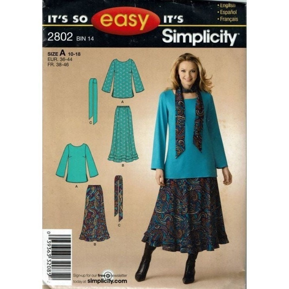 Simplicity Sewing Pattern 2802 Top Skirt Scarf Misses Size 10-18